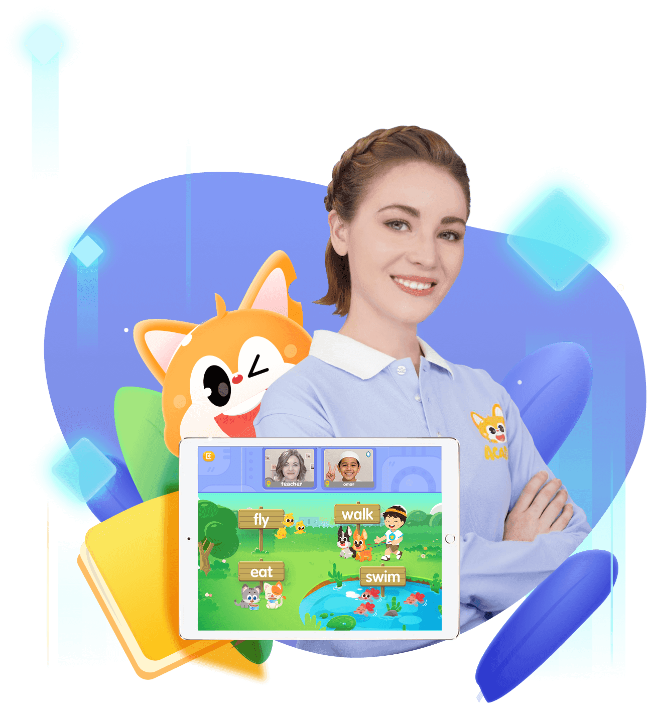 Smiling female teacher with cartoon fox mascot and a tablet showing an interactive English learning lesson for kids.