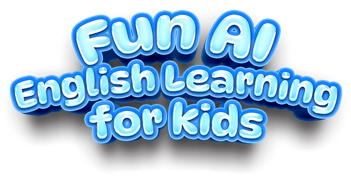 Fun AI English Learning for Kids – Bright 3D text promoting an English learning app for Arabic-speaking children.