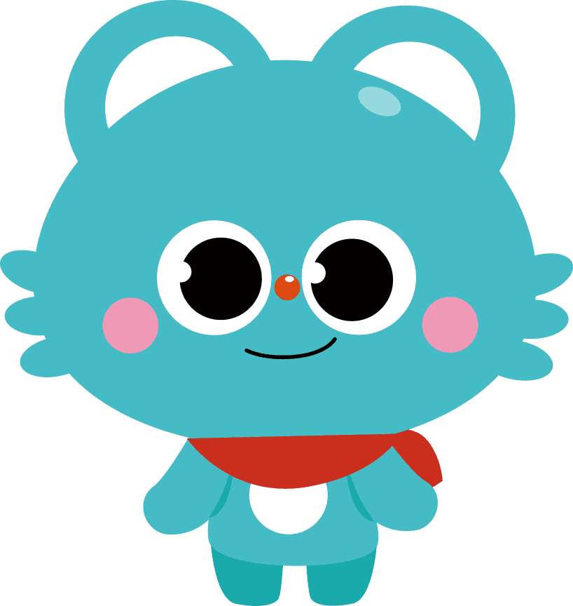 Teal cartoon bear with red scarf representing English learning for children using spaced repetition system.